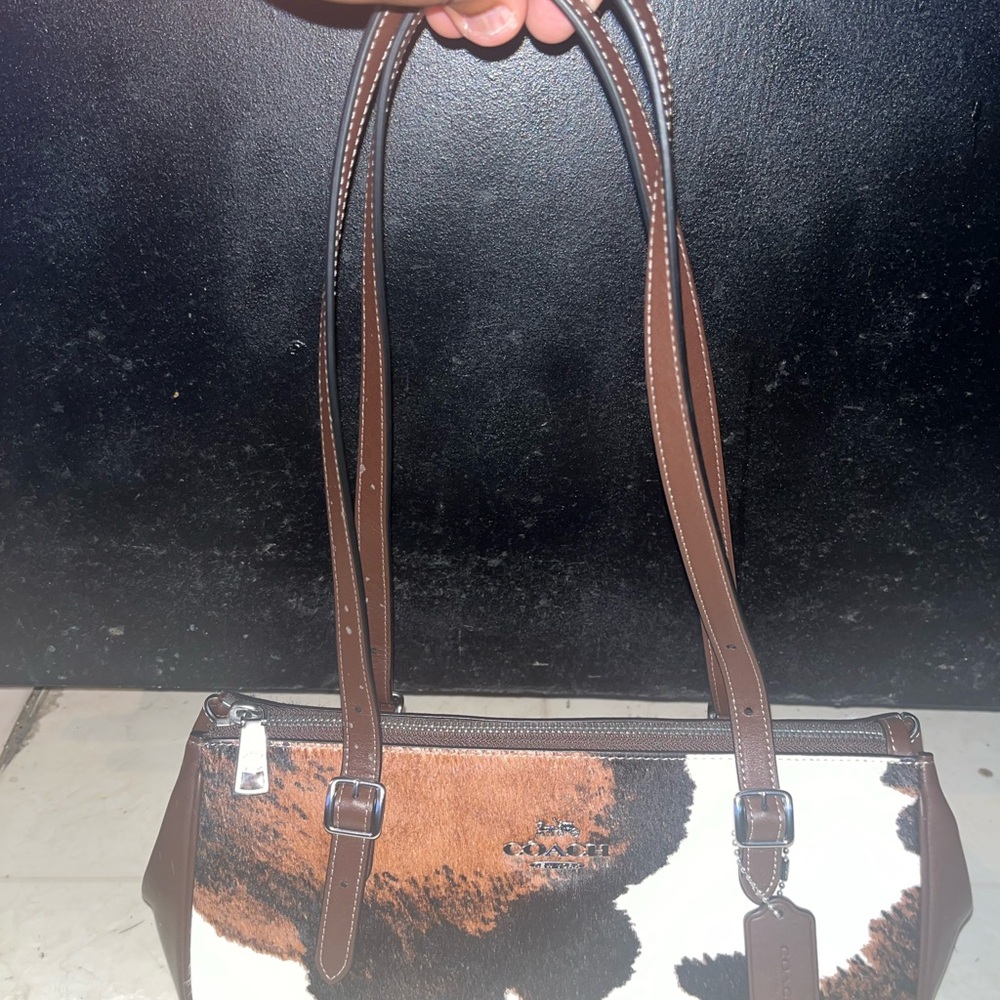 Coach Brown and White Cow Print Asher Shoulder Bag